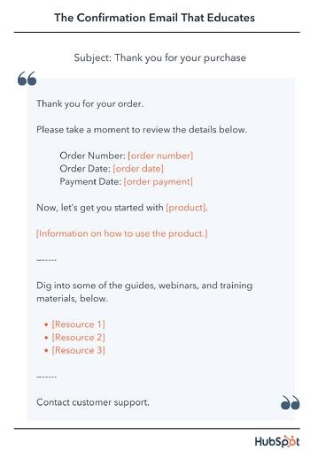 order confirmation template, Thank you for your order. Please take a moment to review the details below.  Order Number: [order number] Order Date: [order date] Payment Date: [order payment] Now, let’s get you started with [product]. [Information on how to use the product.] Dig into some of the guides, webinars, and training materials, below. Contact customer support.