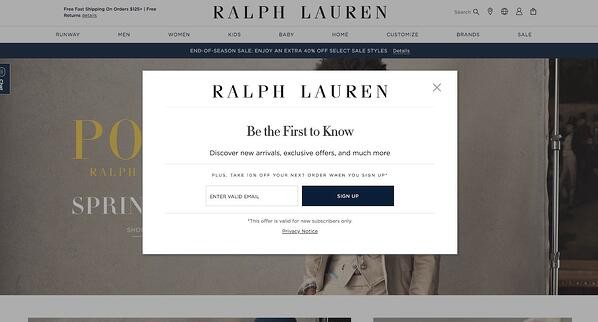 email capture pop-up on the Ralph Lauren website