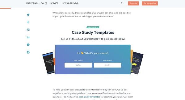 email capture, free case study templates as a lead magnet on the HubSpot Blog