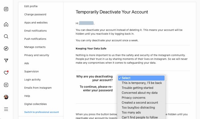 How to deactivate Instagram example: Why are you deactivating your account?
