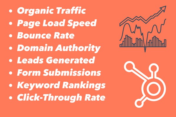organic traffic, page load speed, bounce rate, domain authority, leads generated, form submissions, keyword rankings, click-through rate
