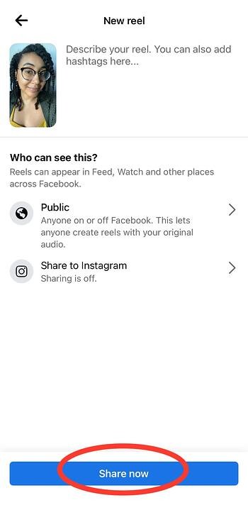 Screenshot of the posting stage of a Facebook Reel