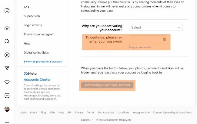 How to deactivate Instagram example: Password