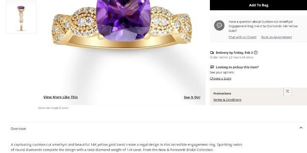Screenshot of the product attributes of an amethyst ring.