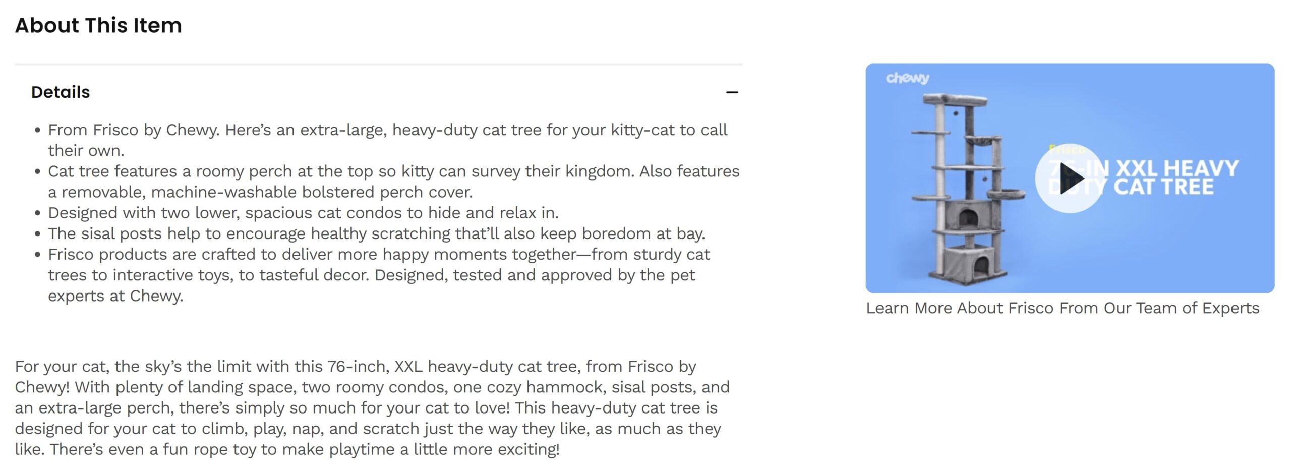 Screenshot of the product attributes of a cat tree.