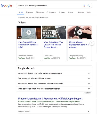 video carousel serp feature rich snippet showing results for how to fix an iphone screen