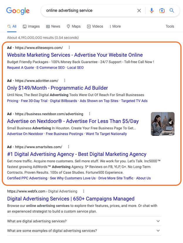 most important serp features analysis: top and bottom ads 