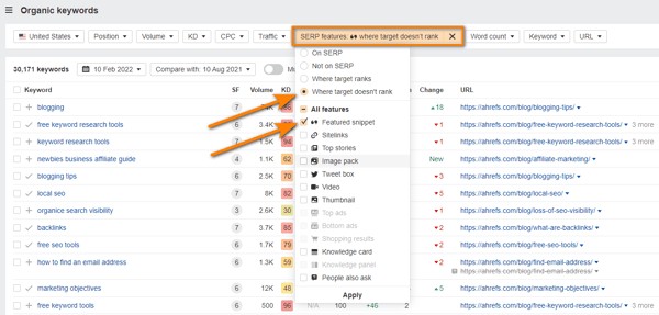 Analyze SERP feature potential with SEO tools