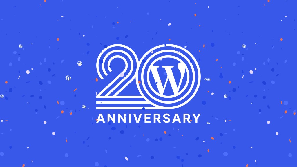 Blue background with confetti and WordPress 20th anniversary commemorative logo.
