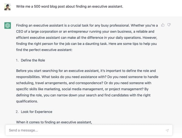 chatGPT being used to write a blog post about executive assistants