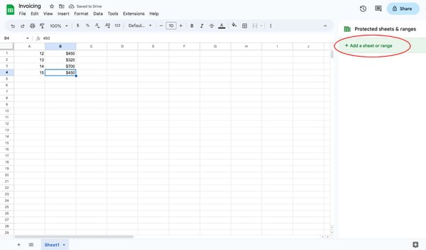 Protect cells google sheets, step 4: select “add a sheet or range” from the side panel.