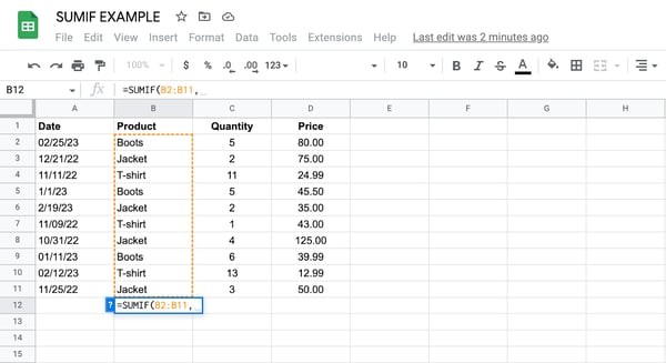 sumif to calculate boots price, select cells