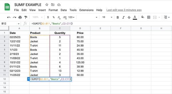 sumif to calculate boots price, apply quantity