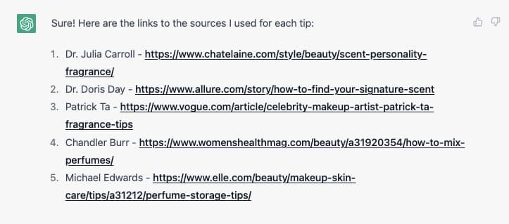 GPT 3 examples; a list of links for a ChatGPT blog post on perfume