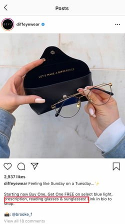 instagram seo, diff eyewear social post with their keywords in the caption