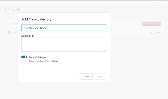 wordpress seo: image shows how you can add a new category to the website 