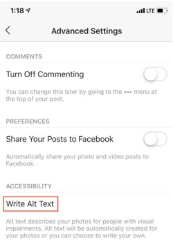 instagram seo, instagram post settings with red box around the words “write alt text”
