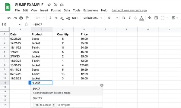 sumif to calculate boots price, create a conditional sum