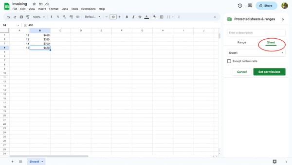 Google sheets protected cells, step 5: click on “sheet.”
