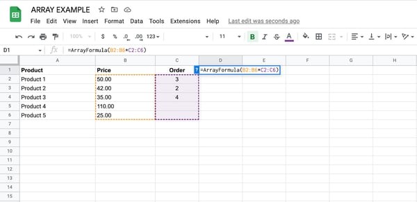 how to use array formula in google sheets example, step 3: enter formula in cell D1