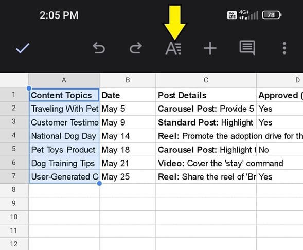 how to wrap text in Google Sheets on mobile, an arrow pointing to the format icon