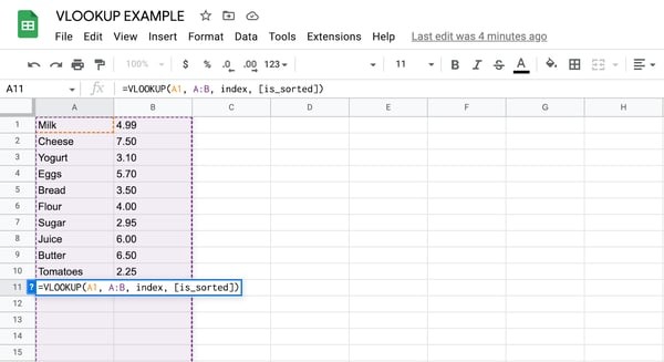 How to use vlookup in Google Sheets, step 7: replace “range” with desired value