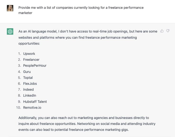 ChatGPT examples; provide me a list of companies looking for a freelance performance marketer.