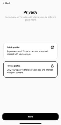 threads sign up page on privacy