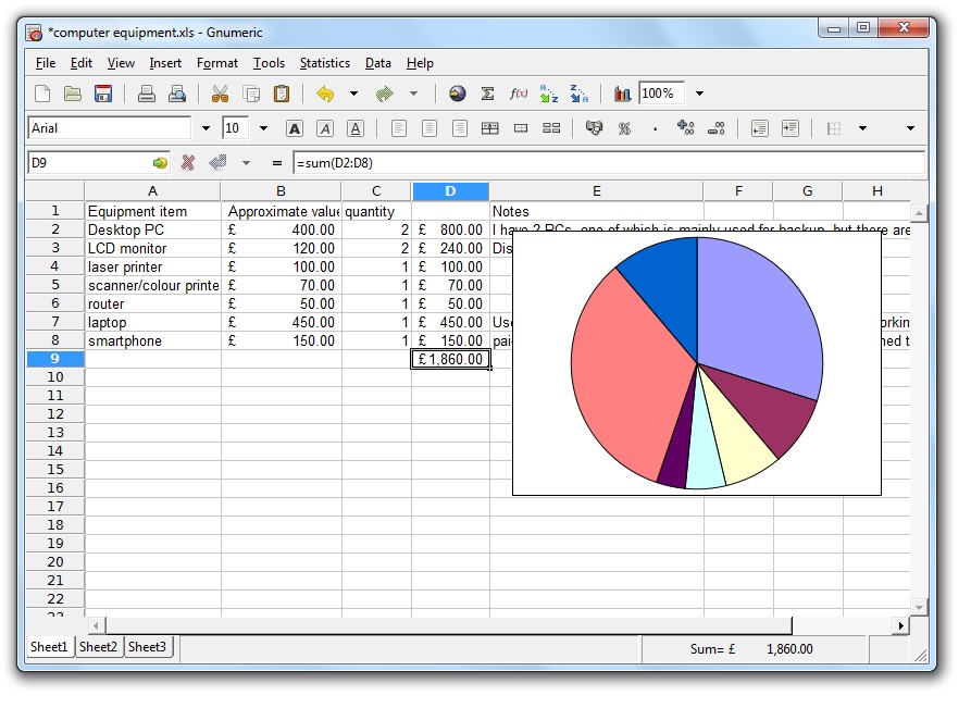 Free Excel alternative, Gnumeric spreadsheet example