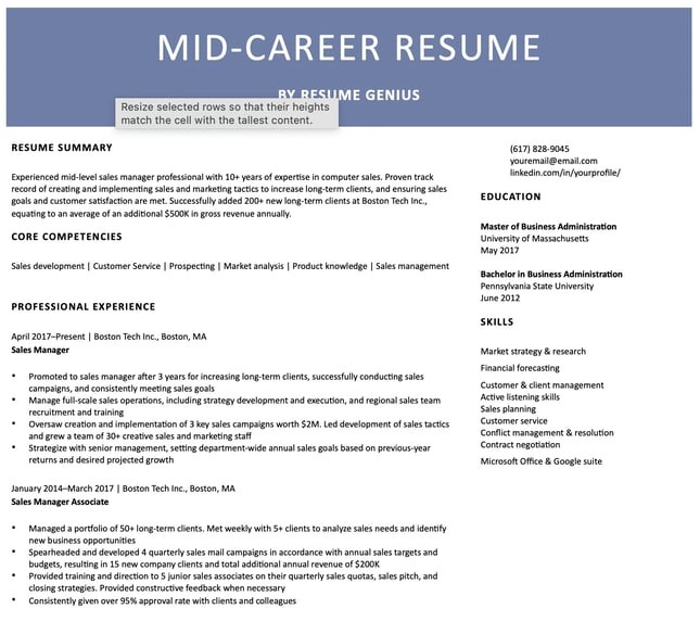 resume length, mid-level