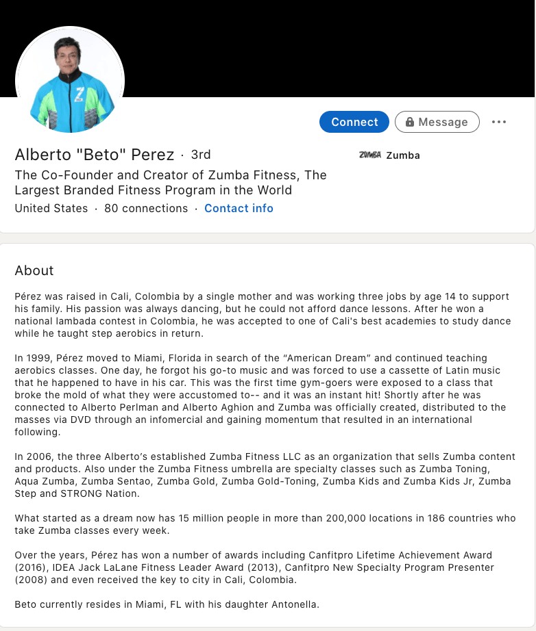 Professional bio example from Alberto Perez