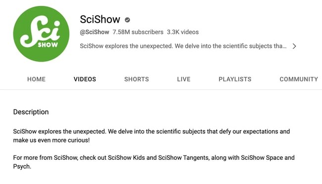 youtube channel description example: scishow