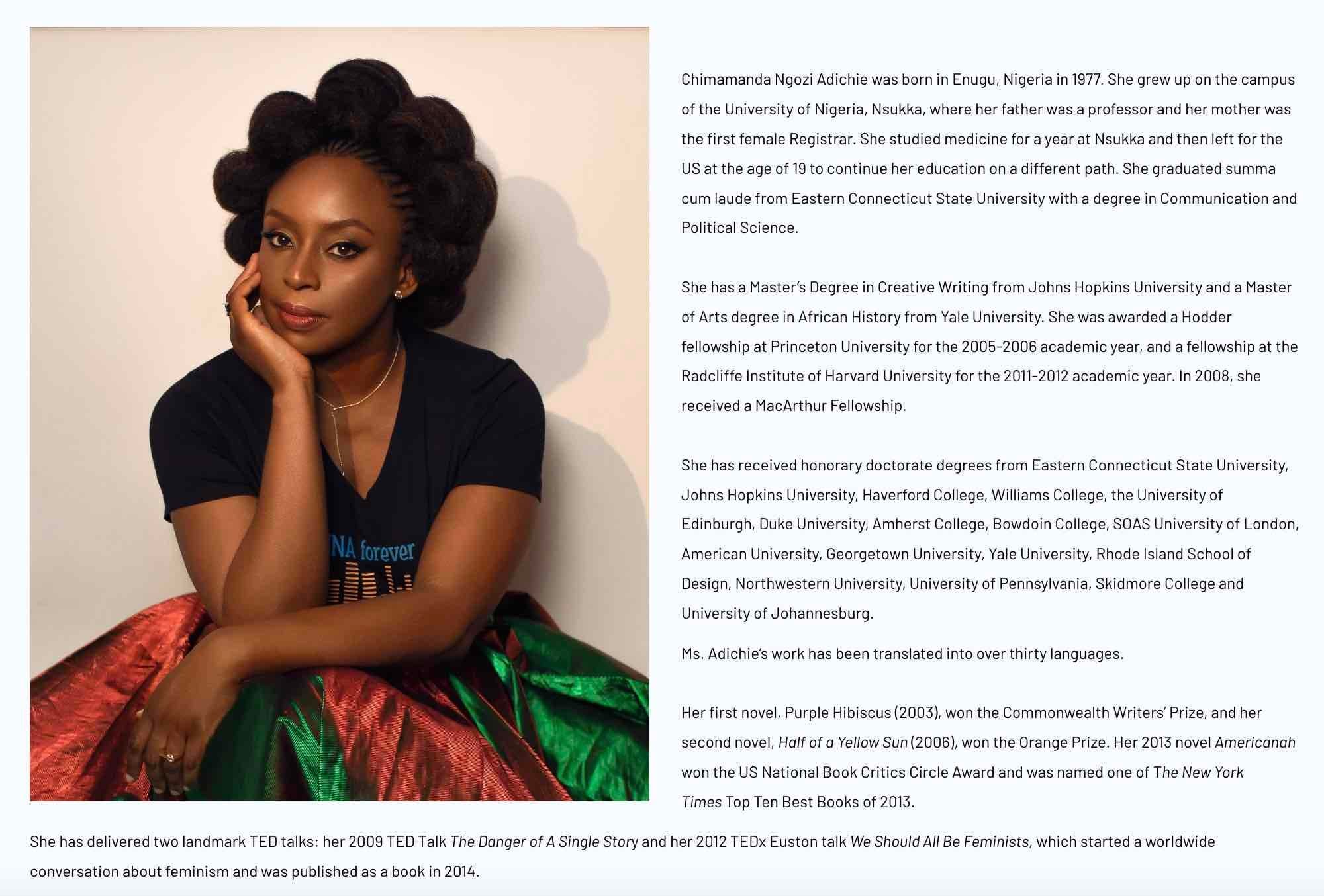 Professional bio example from Chimamanda Ngozi Adichie