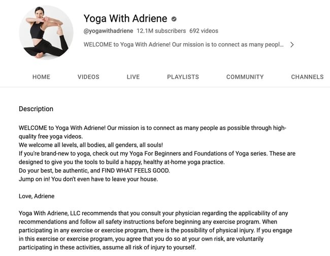 youtube channel description example: yoga adriene