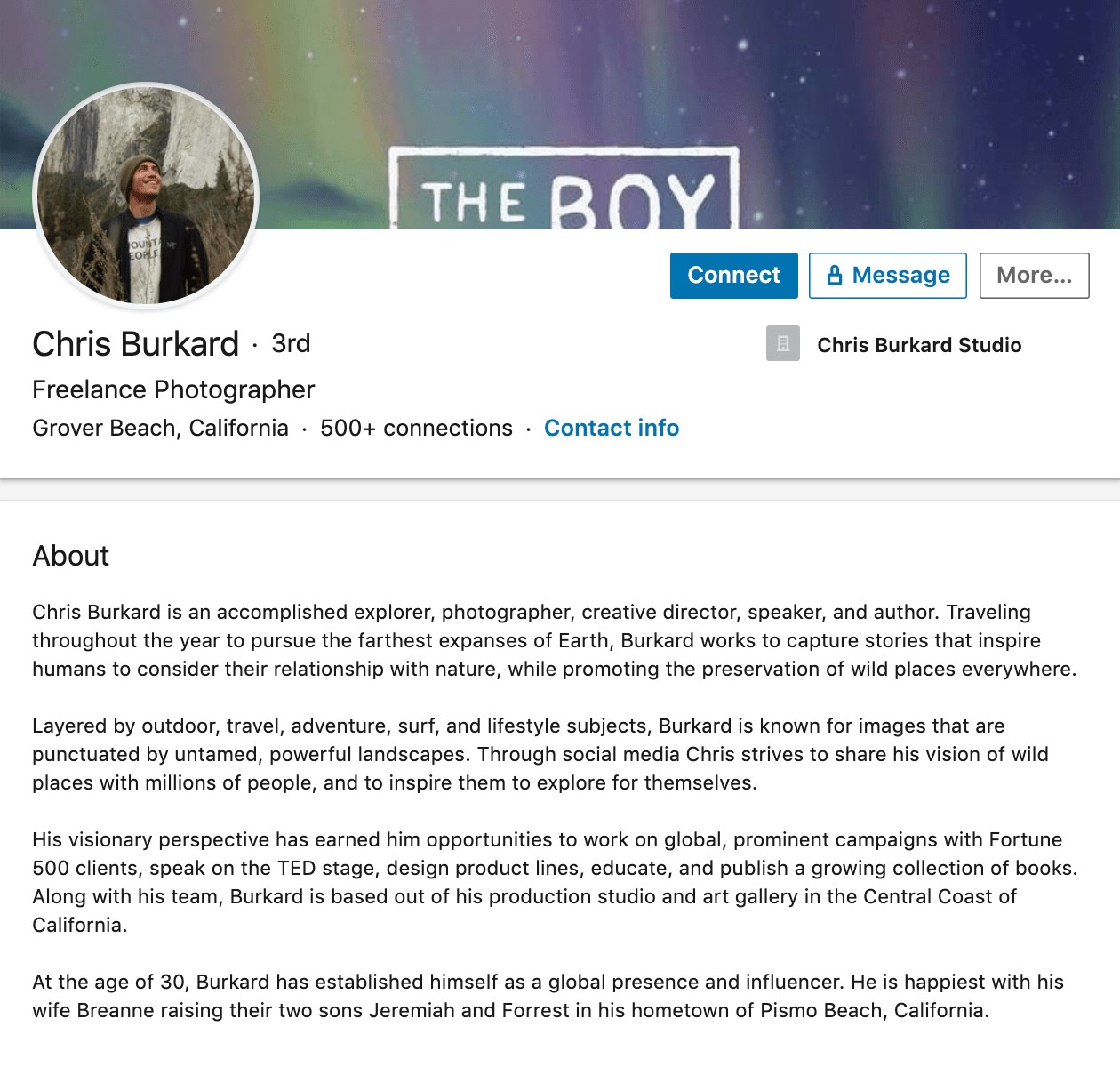Professional bio example from Chris Burkard