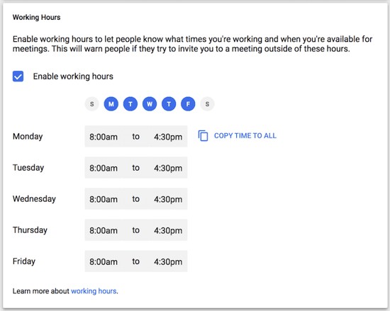 Working hours feature 