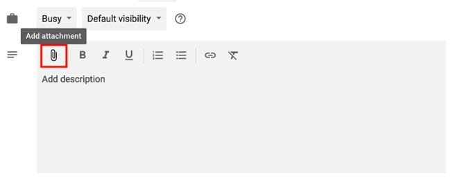 Feature for adding attachments to events in Google Calendar with paper clip icon highlighted in red