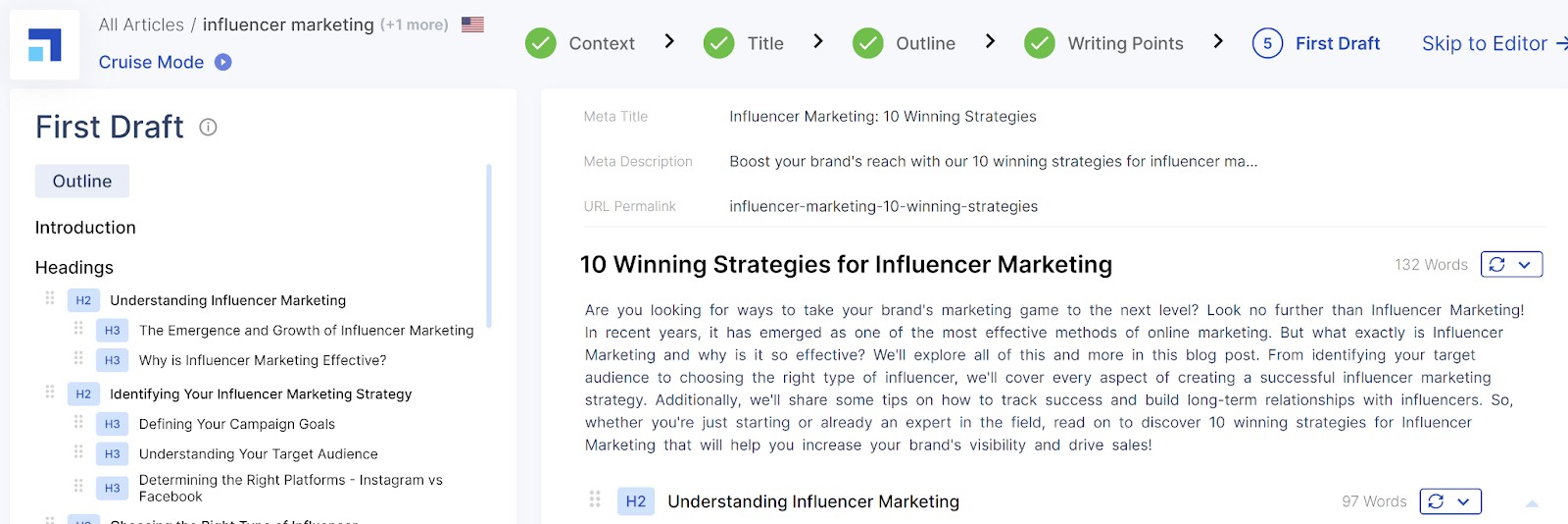 Scalenut's draft reads "10 Winning Strategies for Influencer Marketing: Are you looking for ways to take your brand's marketing game to the next level? Look no further than Influencer Marketing! In recent years, it has emerged as one of the most effective methods of online marketing. But what exactly is Influencer Marketing and why is it so effective? We'll explore all of this and more in this blog post. From identifying your target audience to choosing the right type of influencer, we'll cover every aspect of creating a successful influencer marketing strategy. Additionally, we'll share some tips on how to track success and build long-term relationships with influencers. So, whether you're just starting or already an expert in the field, read on to discover 10 winning strategies for Influencer Marketing that will help you increase your brand's visibility and drive sales!"; AI Copywriting tools