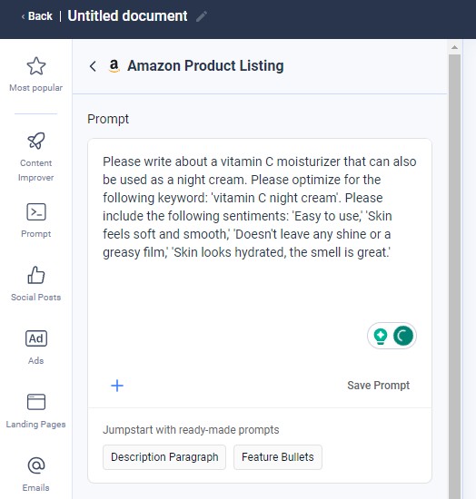 Creating an Amazon product listing in Anyword