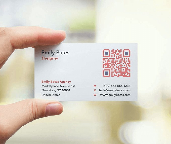 A business card example with a QR code that links to a portfolio website.