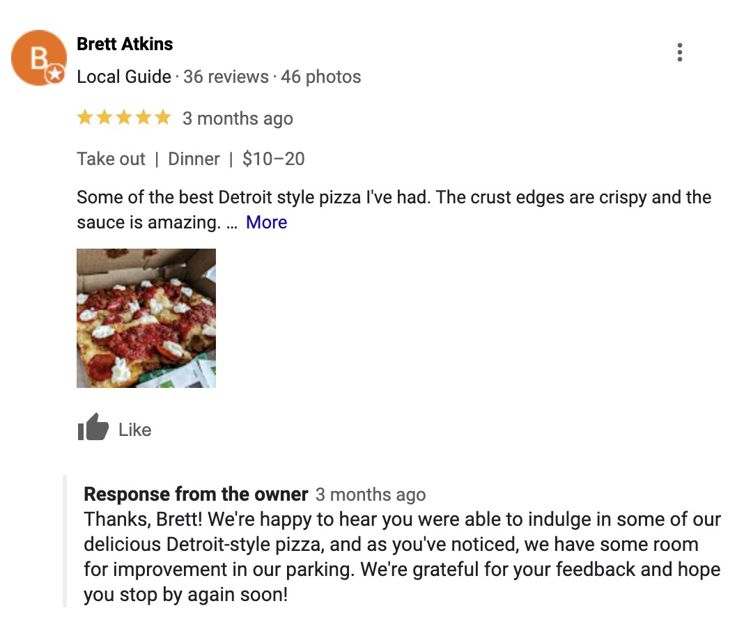 Restaurant marketing ideas: A five-star Google review for Via 313 that includes a response from the business owner.