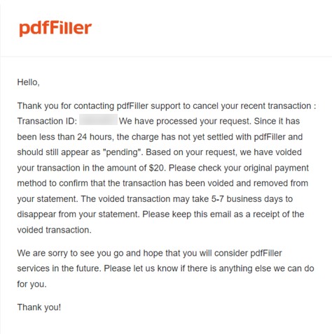 PDF filler cancellation email