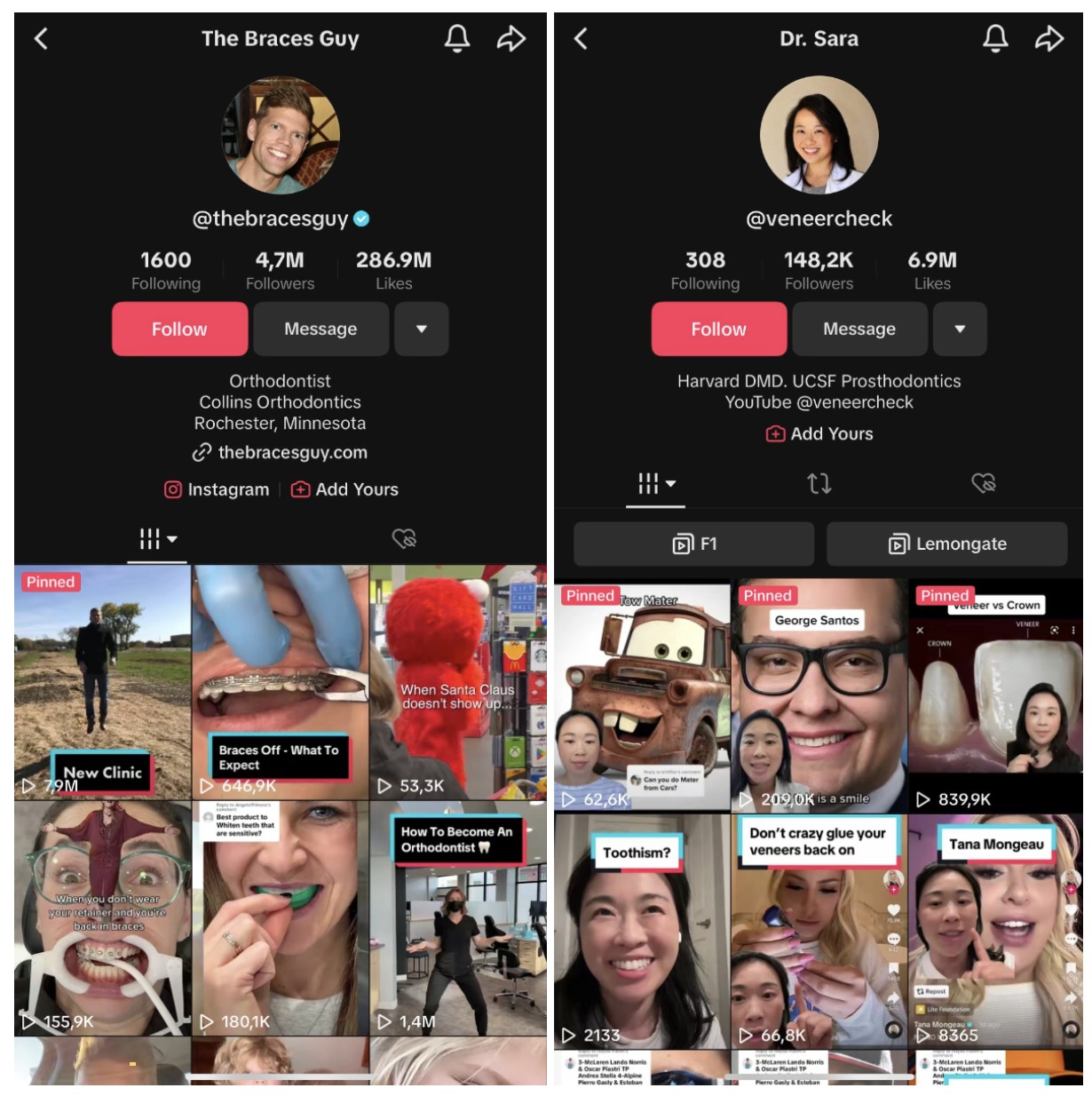 Tiktok pages of dental experts
