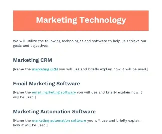 marketing plan outline: marketing technology