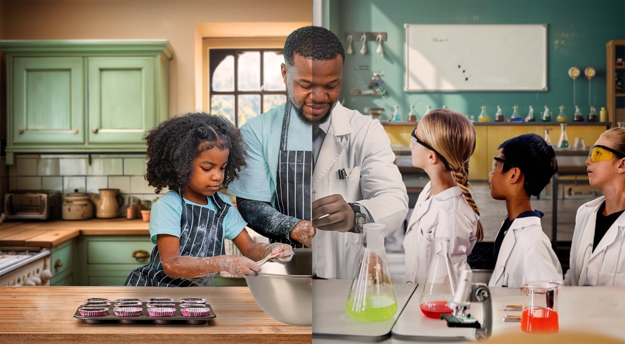 Split screen image of a man to his right he is making cupcakes with his daughter and to his left he is in a chemistry class with elementary students.