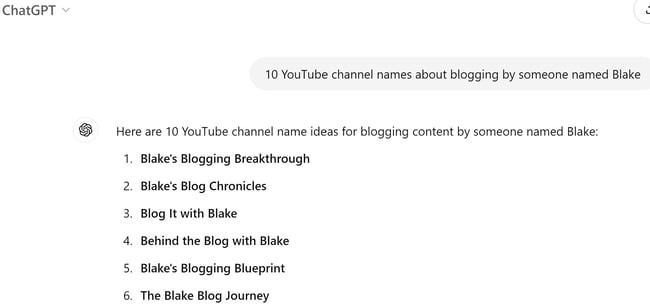 ChatGPT generates 10 YouTube channel names 