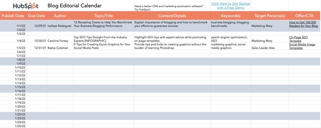 content marketing templates: editorial calendar