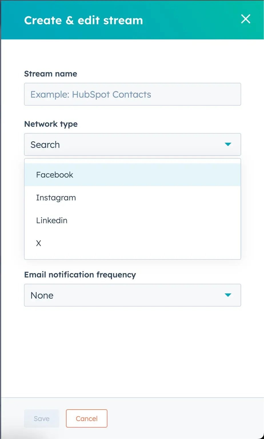 Screenshot showing the form you fill out to set up a mention or repost stream in HubSpot