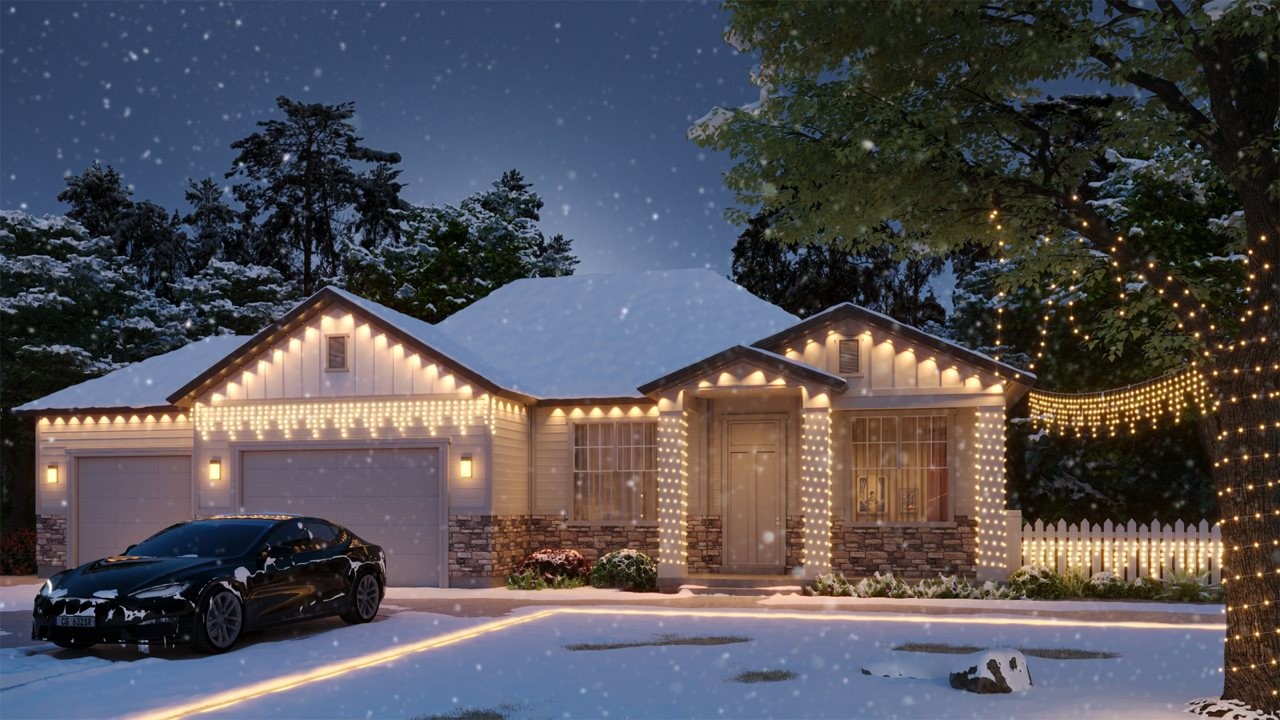 House covered in white lights with car in the driveway.