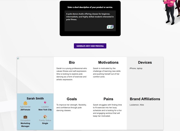 Screenshot of Userpersona creating a persona of my target audience for my pole fitness studio